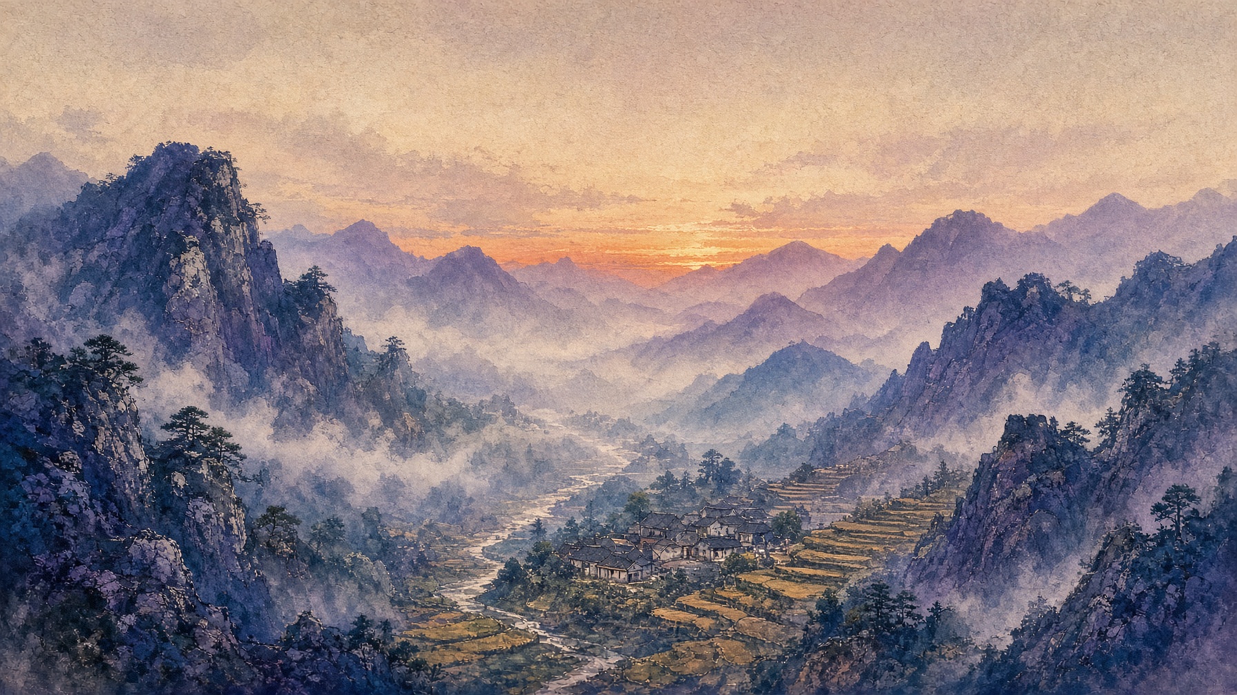 Ink painting of a mountain farm town at dusk